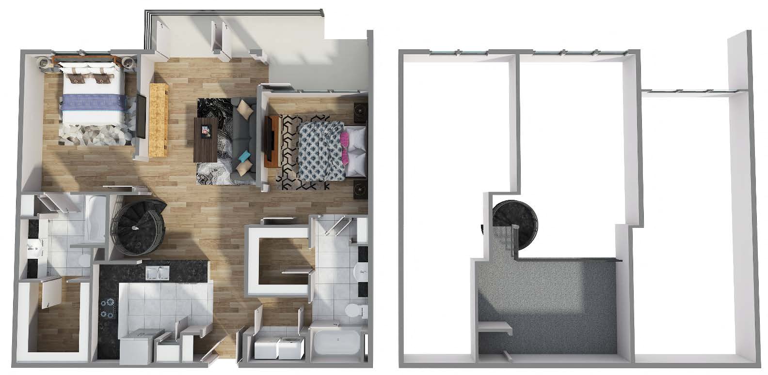 Floor plan for 2 beds, 2 baths, 1229 sqft